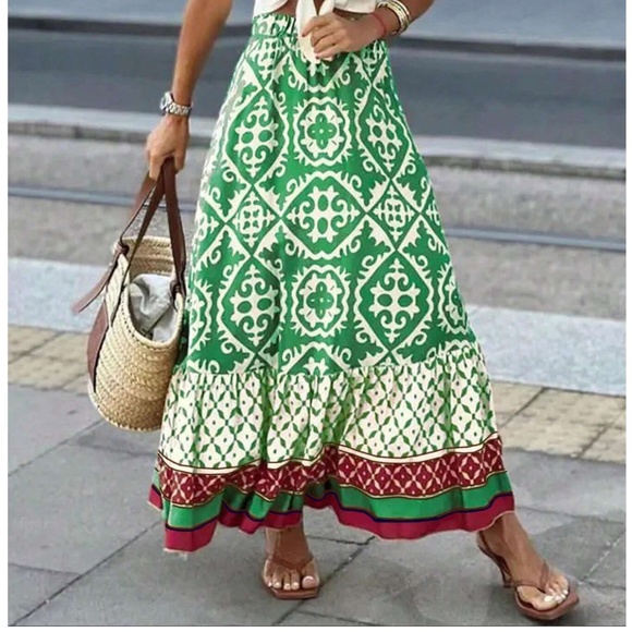 Boho Color Block Print Stretchy Waist Ruffle Hem Skirt - Picture 6 of 14